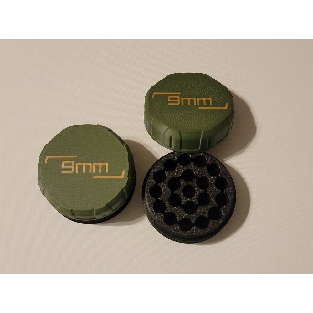 X2 3D Printed Round 9mm Ammo Box screw on 20 rd. Olive Greeb Black Stackable